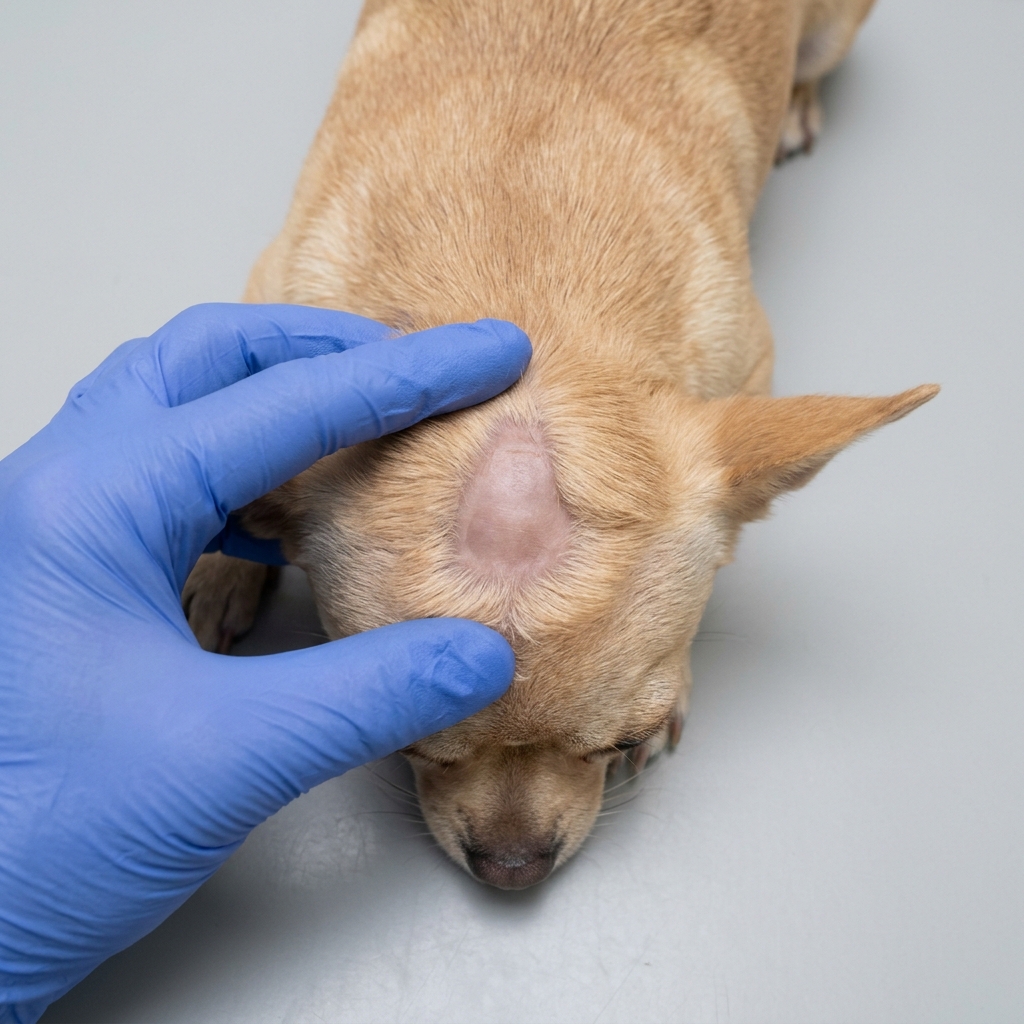 Tierärztliche Dokumentationsaufnahme von oben: Eine behandschuhte Hand teilt das Fell am Kopf eines ruhig liegenden Chihuahuas und macht eine große offene Stelle am Schädeldach sichtbar.