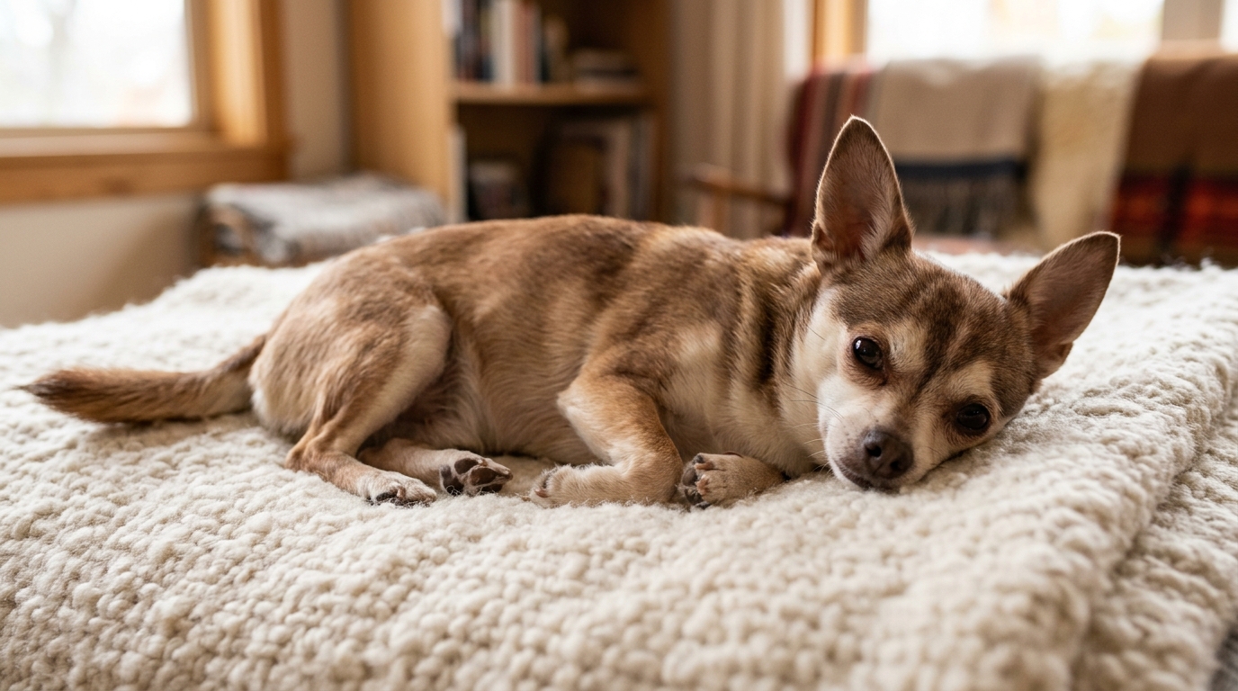 Ein erwachsener Chihuahua liegt entspannt auf einer weichen hellen Decke.