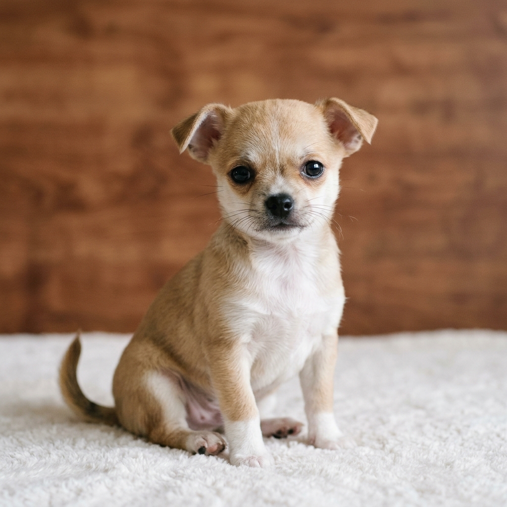 Ein etwa acht Wochen alter Chihuahua-Welpe sitzt aufmerksam auf einer weichen hellen Fläche.